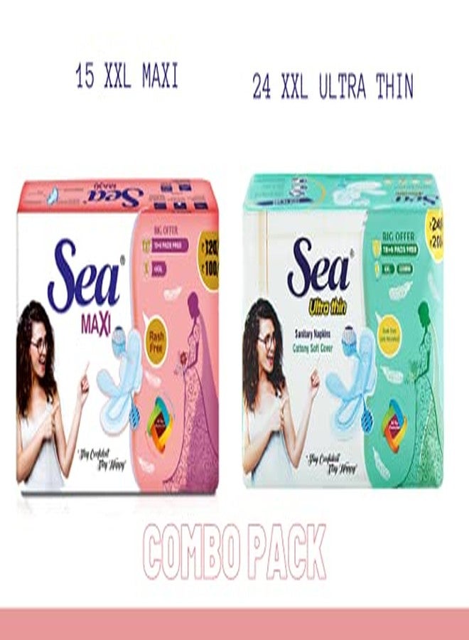 Sea Ultra Thin Cotton Sanitary Pads for Women | Up to 100% Leakage Protection, Locks Odour & Wetness | Ultra Hygiene, Rash Free Cotton Soft | Pack of 39 (24 pcs Ultra Thin XXL+ 15 pcs Maxi XXL) - Image 2